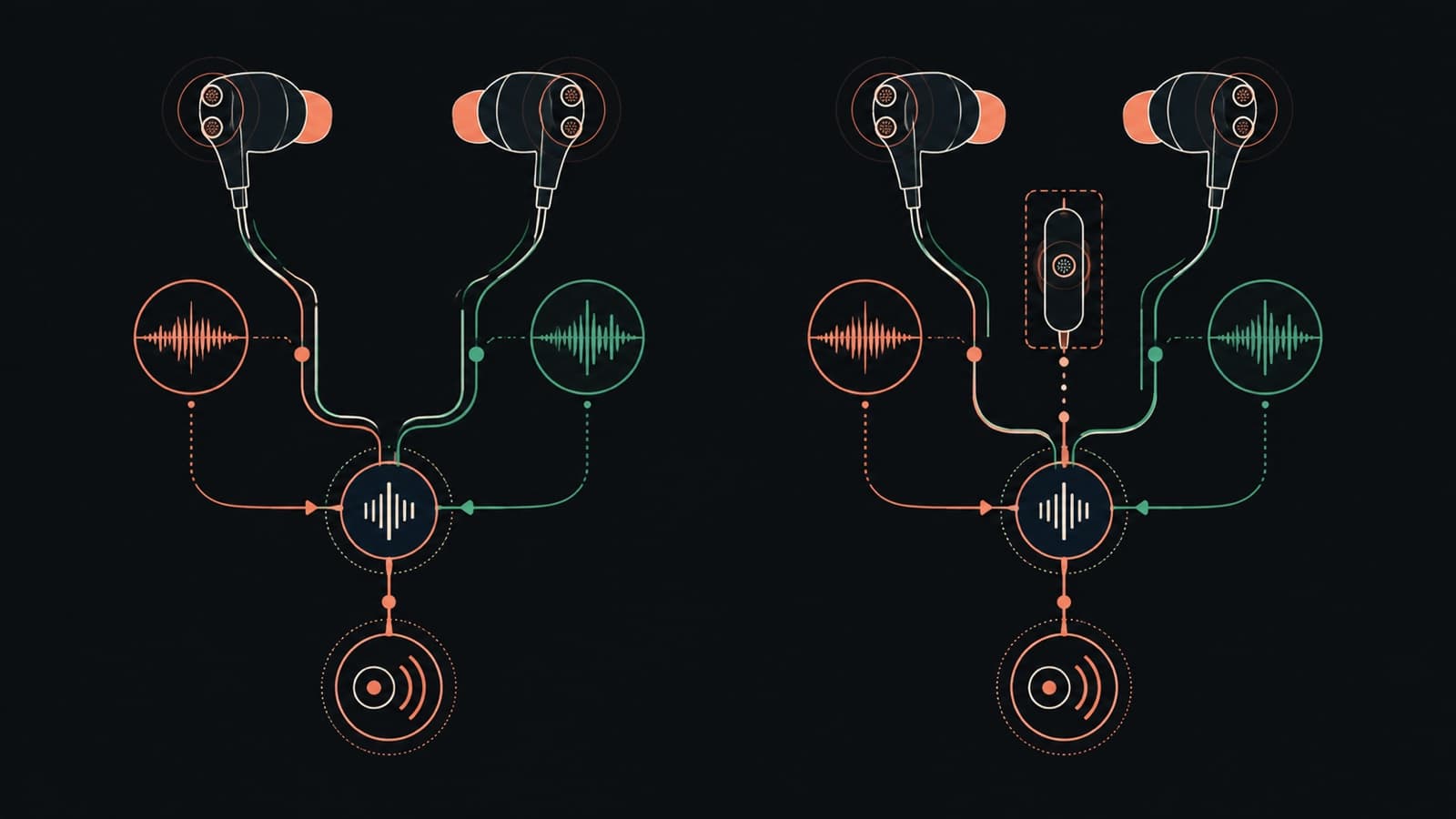 Two schematic wired-earbud signal paths contrast microphones in the earpieces with a possible additional microphone in the inline remote.