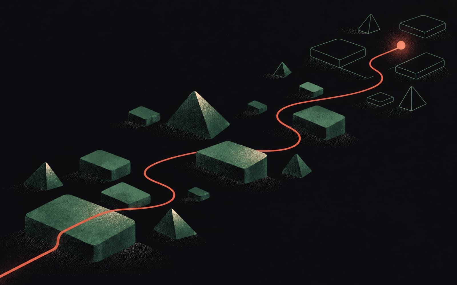 A coral path winds through scattered geometric terrain blocks toward a glowing marker, with the blocks nearest the marker left as outlines only.