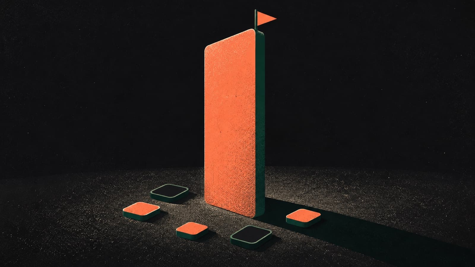 A small upright marker shape with a flag, surrounded by scattered skill-tile icons at its base.