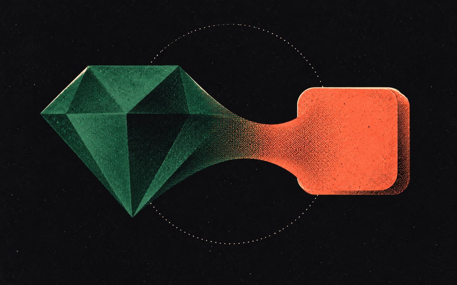 A faceted gem shape flowing into and reshaping a small square tile, connected by a ribbon that blends from green to coral.