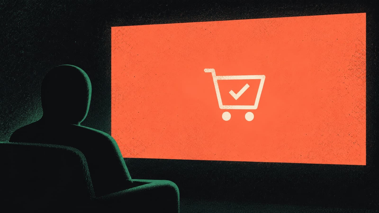 A silhouette faces a glowing coral screen displaying a shopping-cart and checkmark icon.