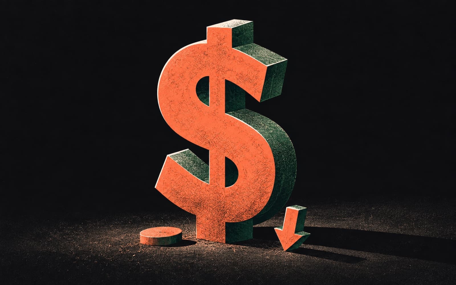 An oversized dollar sign rendered as a 3D sculptural object, with a small coin shape and a downward arrow at its base.